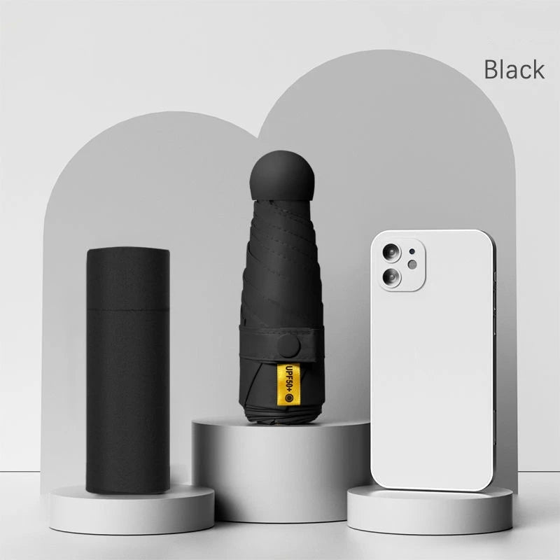 A black folding UV protection umbrella is displayed on a white stand.