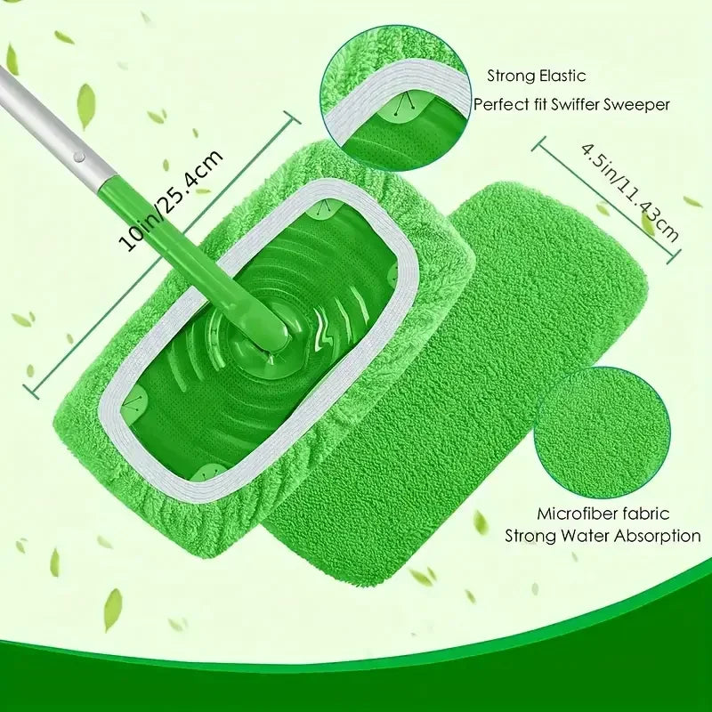 A green reusable microfiber mop pad with a white border and a handle is shown alongside its dimensions.