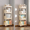 A light beige multi-tier rolling storage rack with shelves for books and small items.