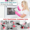 A woman uses an electric spin scrubber and a traditional cleaning tool to clean a surface.