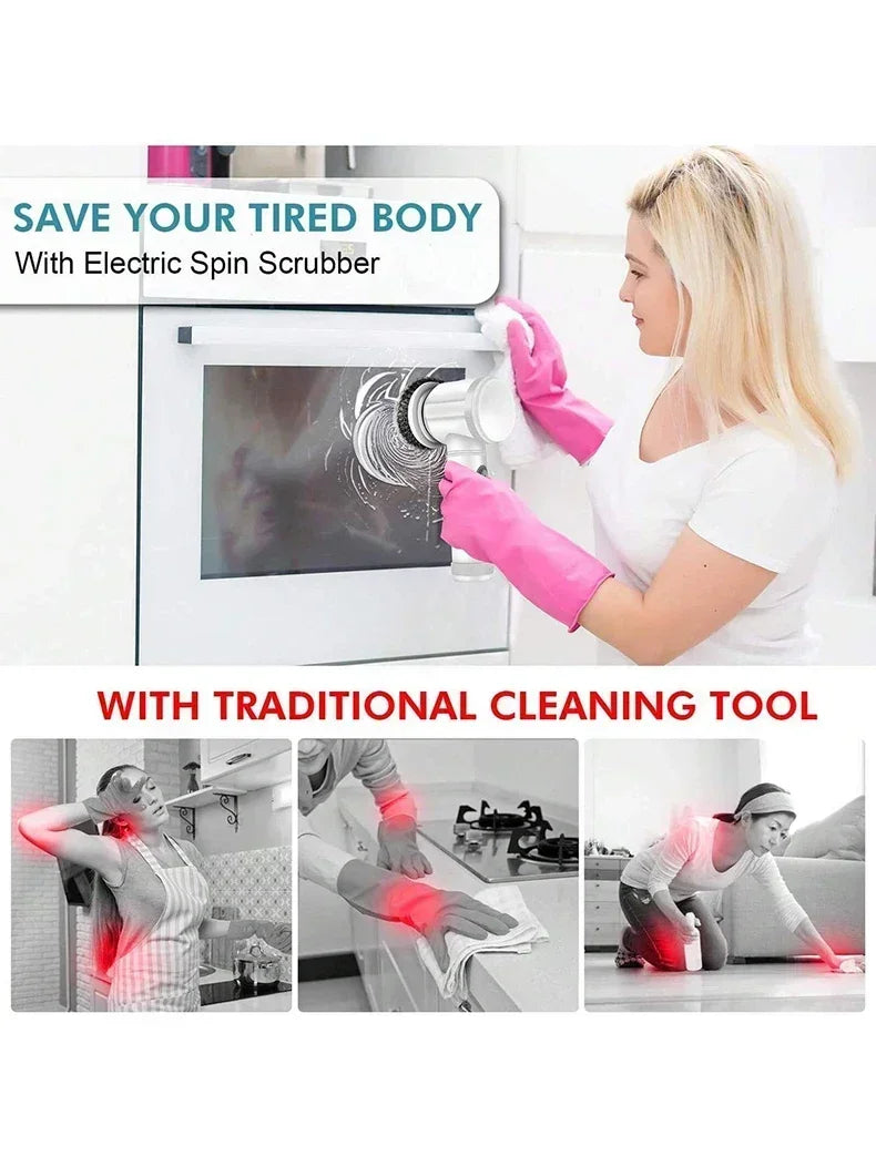 A woman uses an electric spin scrubber and a traditional cleaning tool to clean a surface.