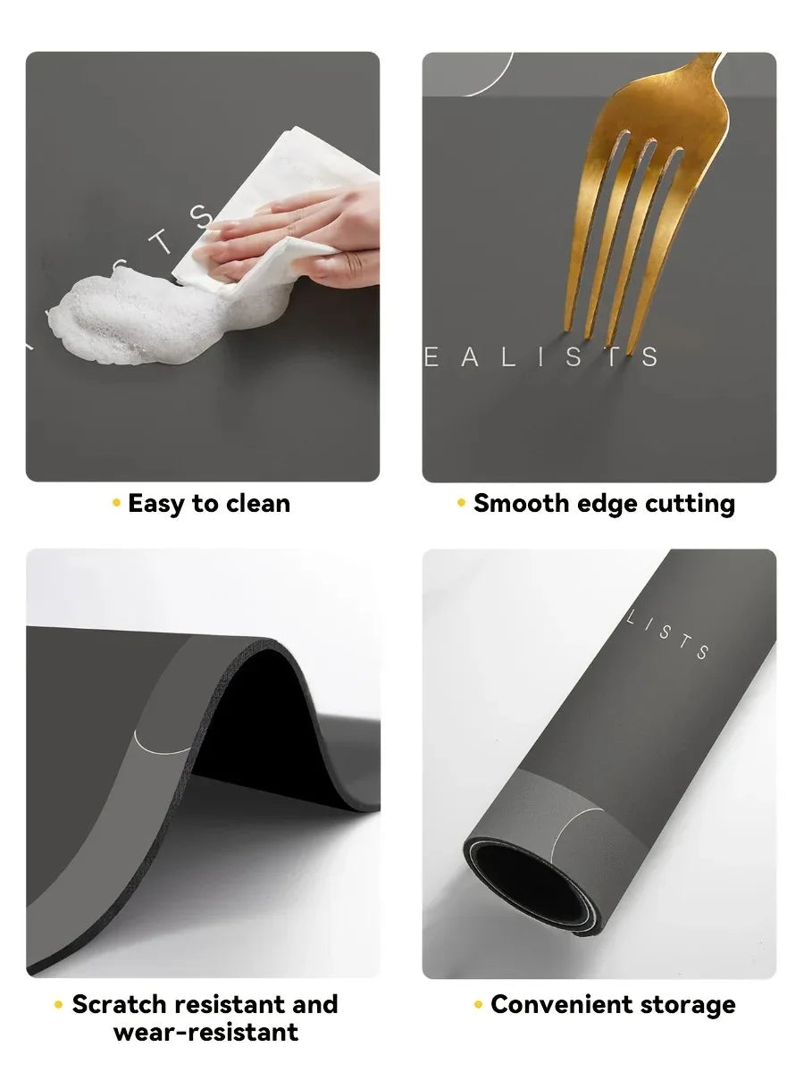 A set of diatomaceous earth absorbent bath mats showing ease of cleaning, smooth edge cutting, scratch resistance, and conven