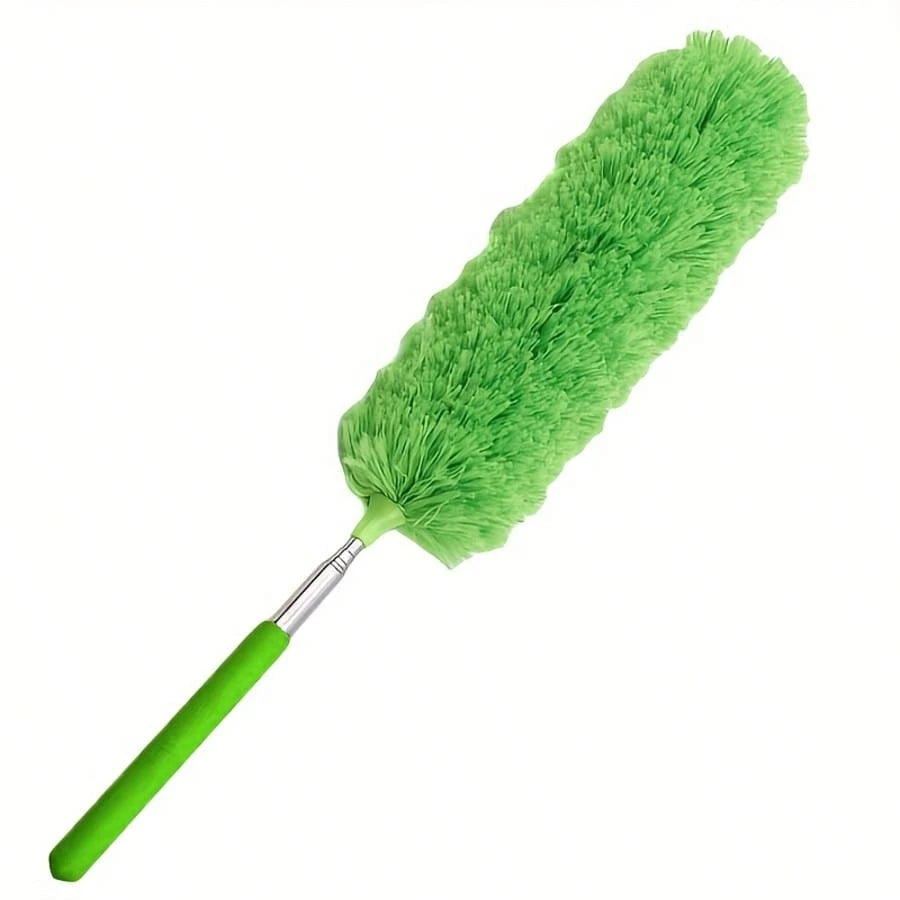 A bright green flexible microfiber cleaning duster brush with a silver handle.