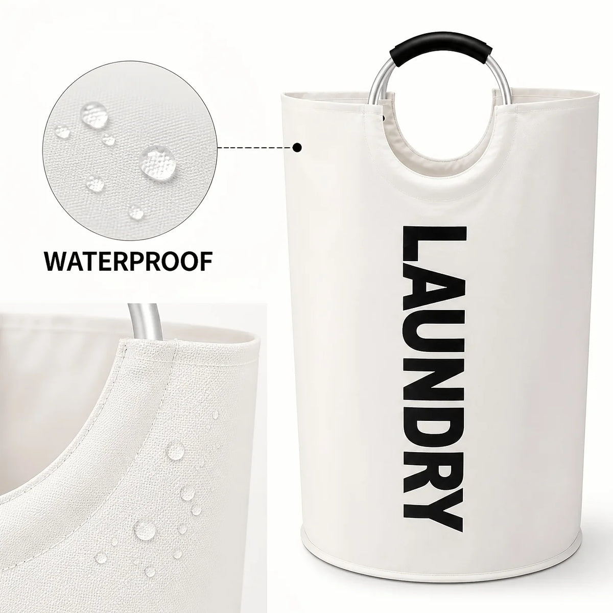 A white waterproof laundry hamper with a black handle and a close-up of the fabric texture.