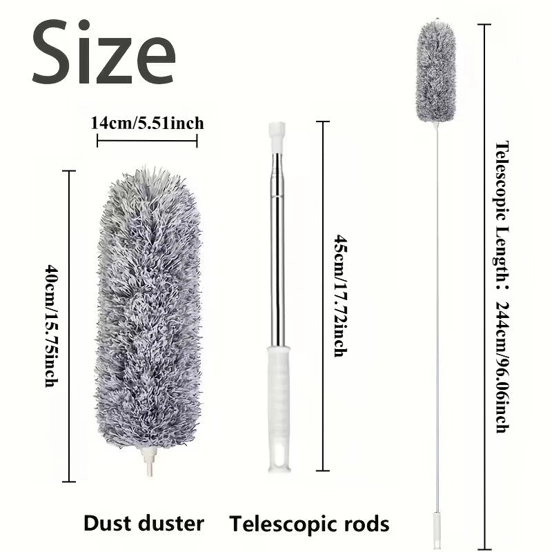 A gray electric dust duster with a telescopic rod shown next to its dimensions.