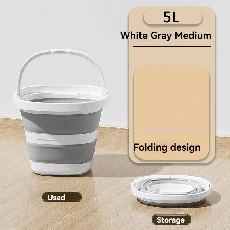 A white gray medium 5L folding plastic bucket with an arc handle shown next to its folded form.