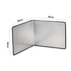 A foldable stainless steel oil splash guard for the stovetop, shown in a closed and open view.