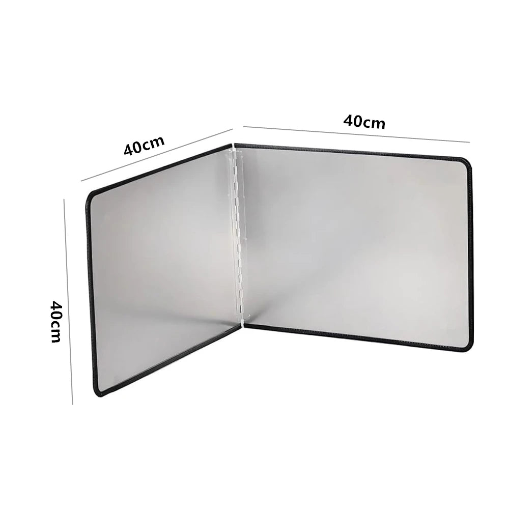 A foldable stainless steel oil splash guard for the stovetop, shown in a closed and open view.