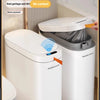 A white Joybos upgraded multi-function sensor bucket trash can is shown next to a larger version in a living room setting.