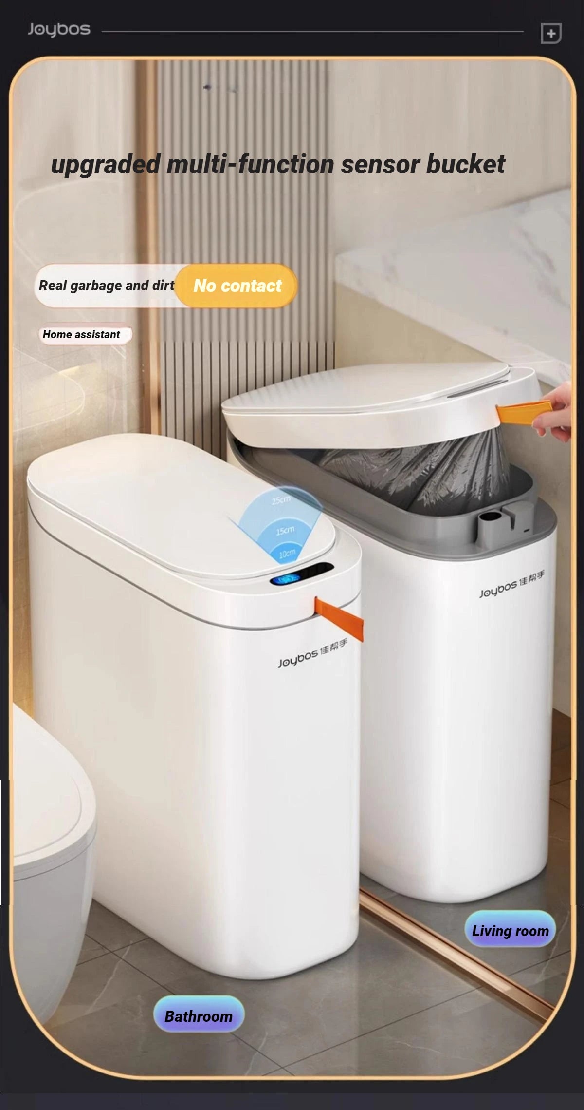 A white Joybos upgraded multi-function sensor bucket trash can is shown next to a larger version in a living room setting.