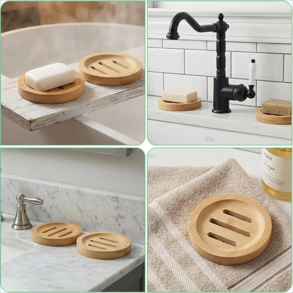 A set of natural wooden soap dishes and a black faucet in a bathroom setting.
