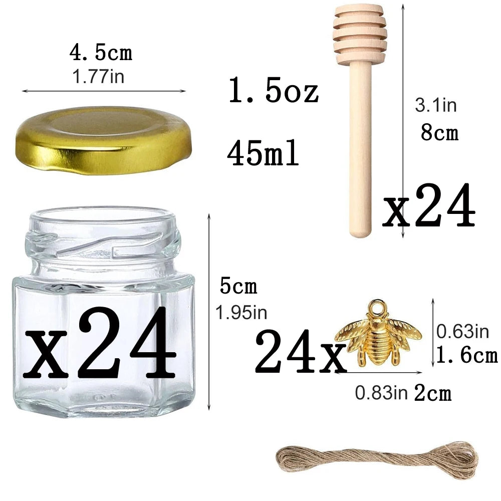 A set of 24 glass honey jars with wooden dippers and a gold lid, along with a bundle of twine.