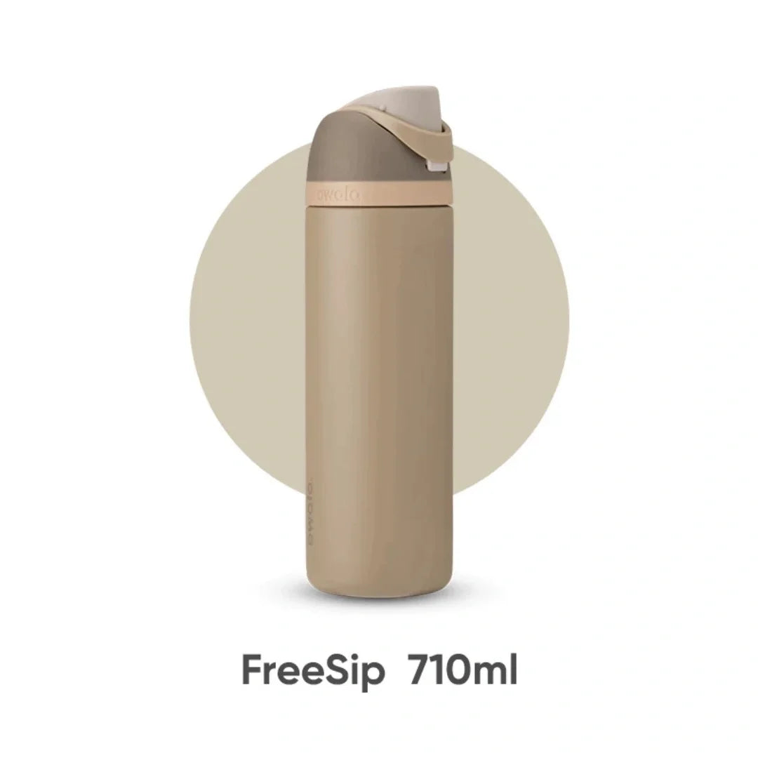 A beige FreeSip 710ml insulated water bottle with a lid is shown against a light background.