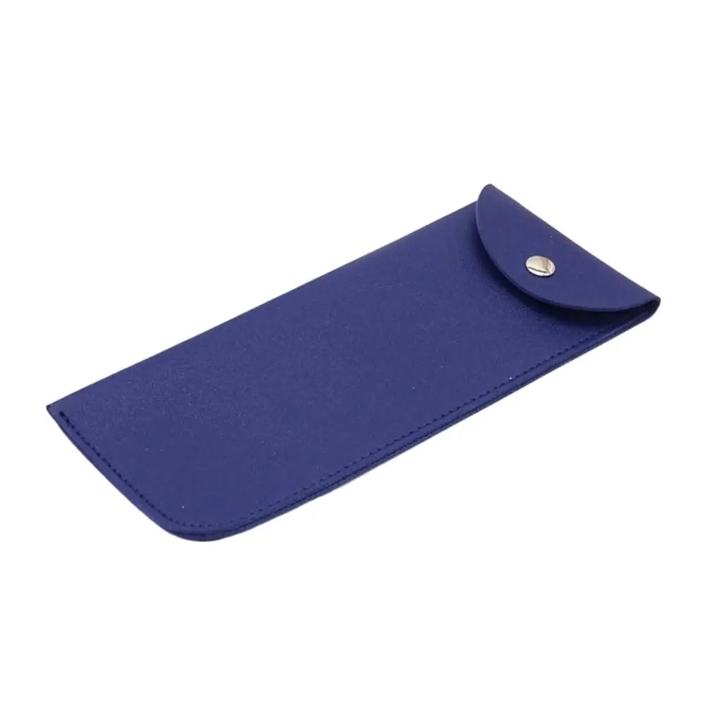 A dark blue PU leather eyewear case or glasses bag with a flap closure.