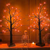 Dekorativer Birkenbaum-Licht mit orange- und lila LED-Lichter neben einem Skelett und einer Laterne.