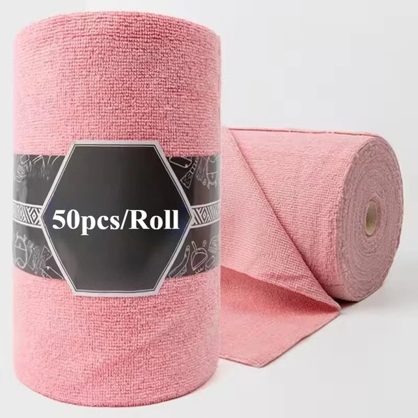 Roll of pink reusable microfiber dish towels with a black hexagonal label