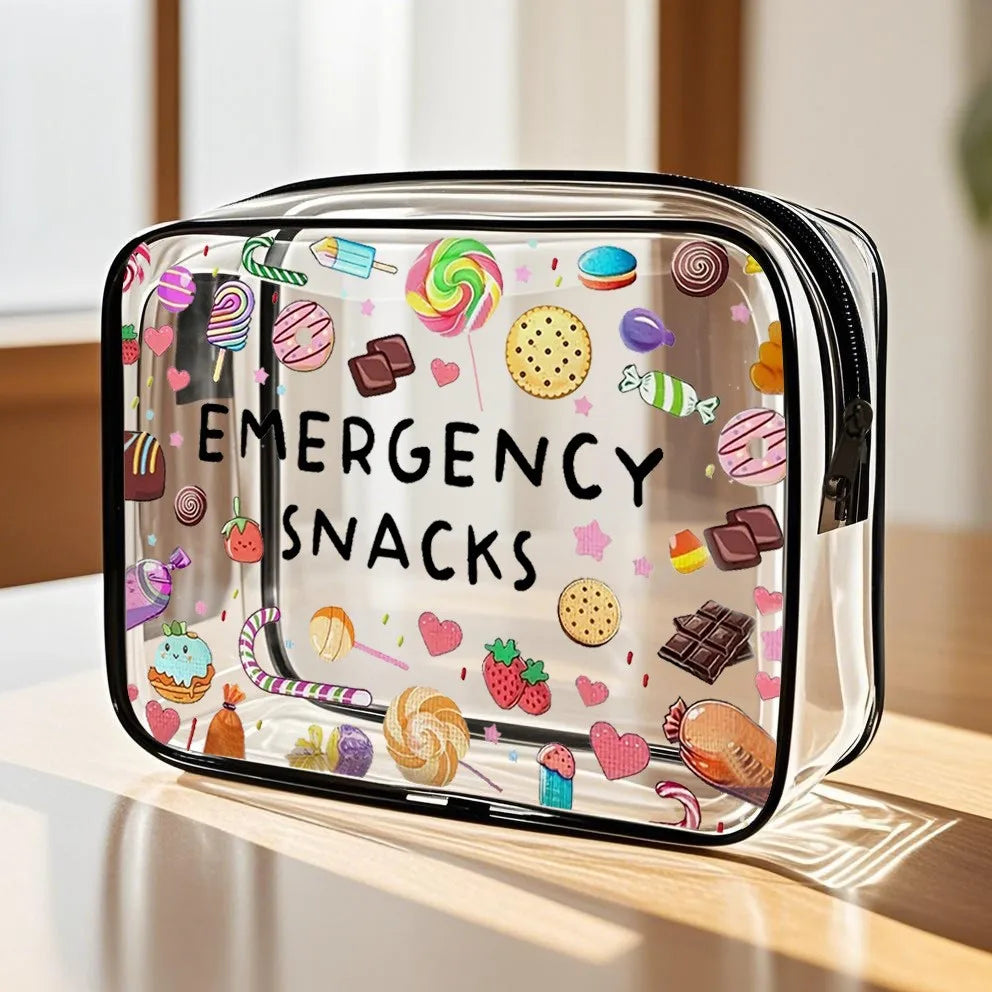 A clear plastic travel organizer pouch filled with colorful emergency snacks like lollipops and candies.