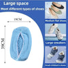 A light blue knitted shoe laundry bag with a mesh opening, shown next to various types of shoes.
