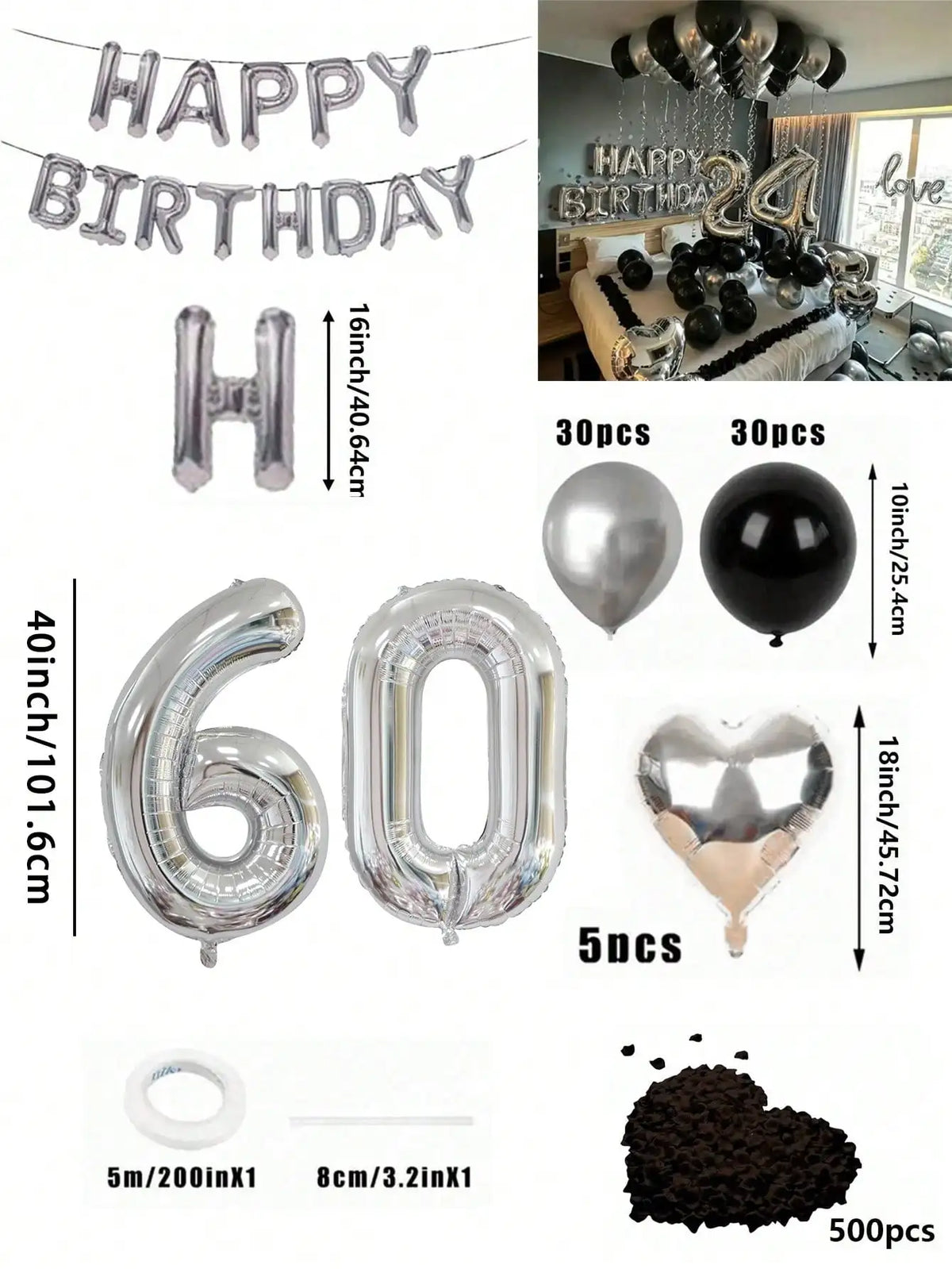 Un juego de globos con números grandes, formas de corazón y confeti en papel metálico plateado y negro.