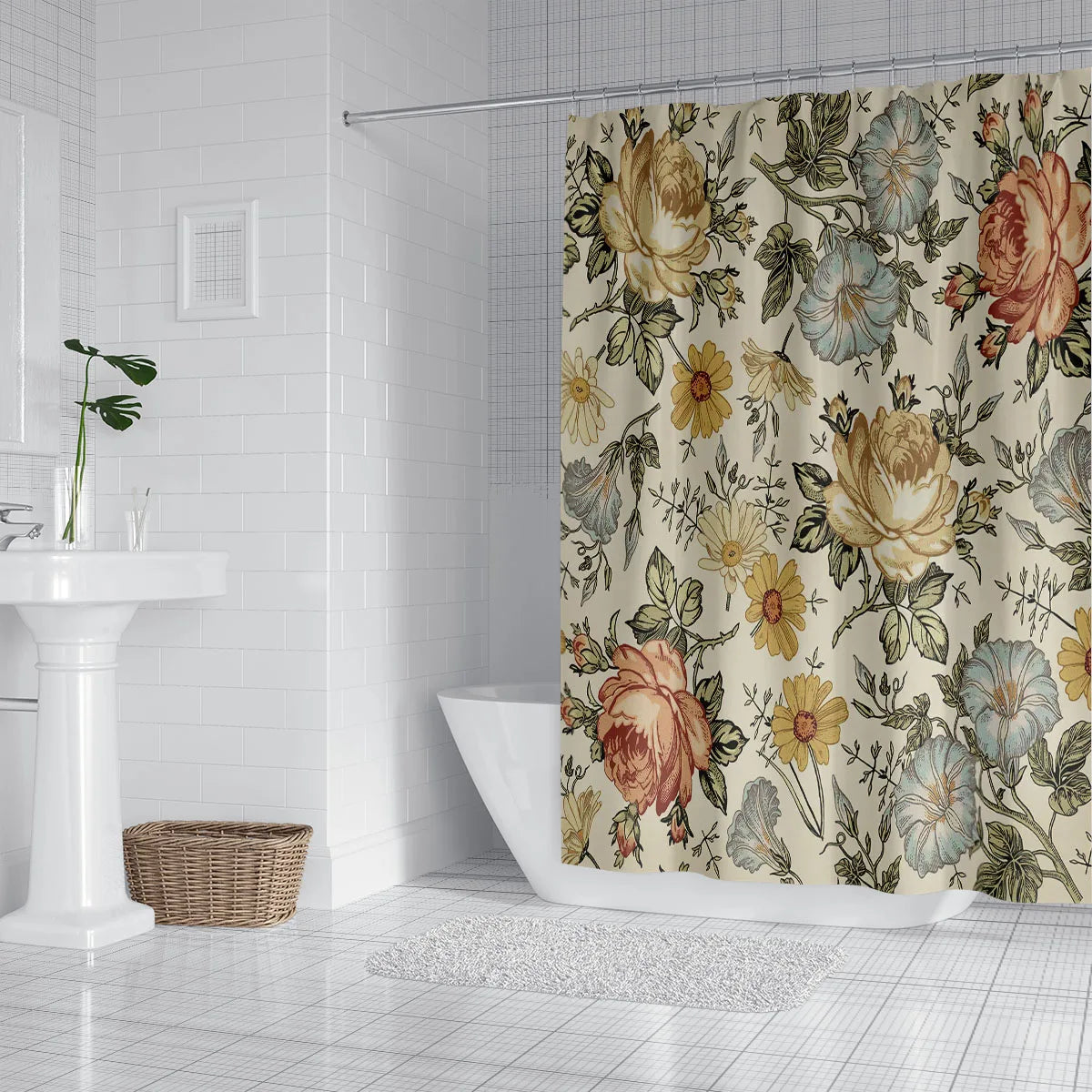 A vintage floral print shower curtain featuring roses and yellow flowers hanging in a bathroom.