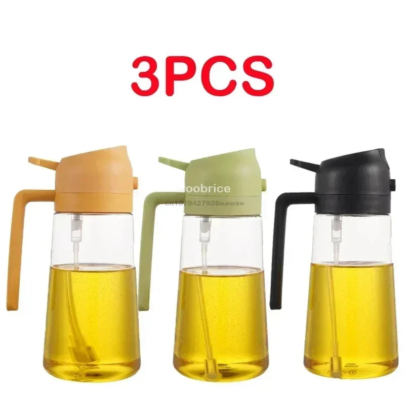 Three oil spray bottles in shades of yellow and green for cooking or storage.