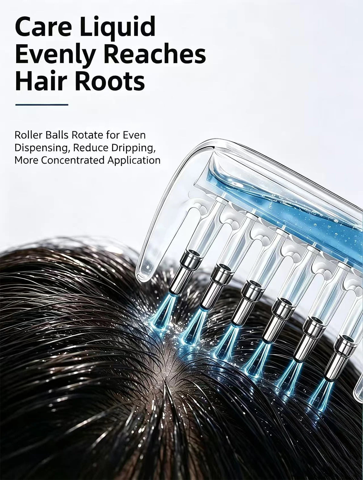 A close-up of a clear liquid applicator comb with roller balls applying liquid evenly to the roots of dark hair.