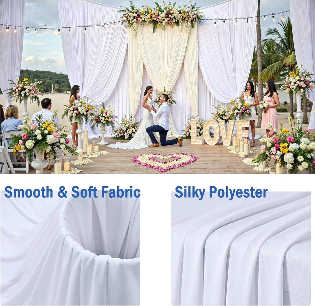 Cortinas de tela blanca drapeada para ambientación de ceremonia de boda