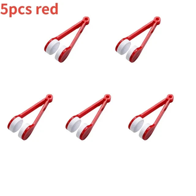A set of five red microfiber cleaning brushes for eyeglasses.