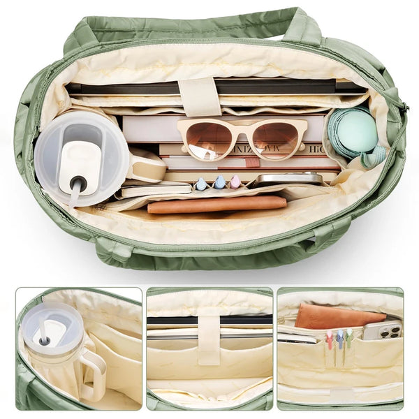 A light green puffy tote bag is open, showing a beige lining and various cosmetic and personal items.