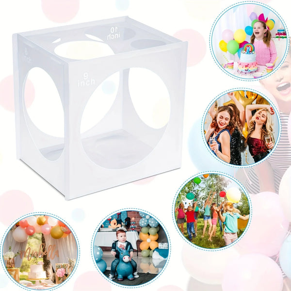 White collapsible plastic balloon sizer cube with circular openings shown alongside balloons and people