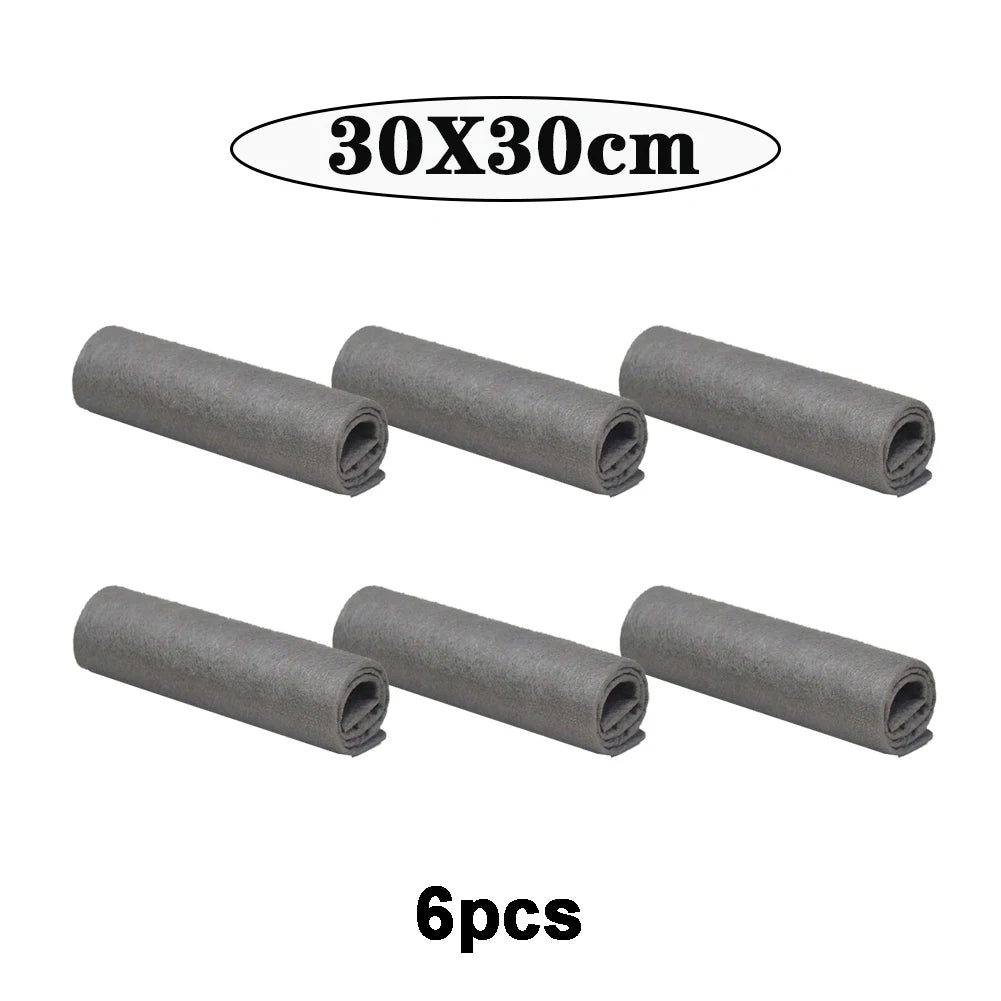 Six rolls of gray thickened microfiber cleaning cloths, each measuring 30x30cm.