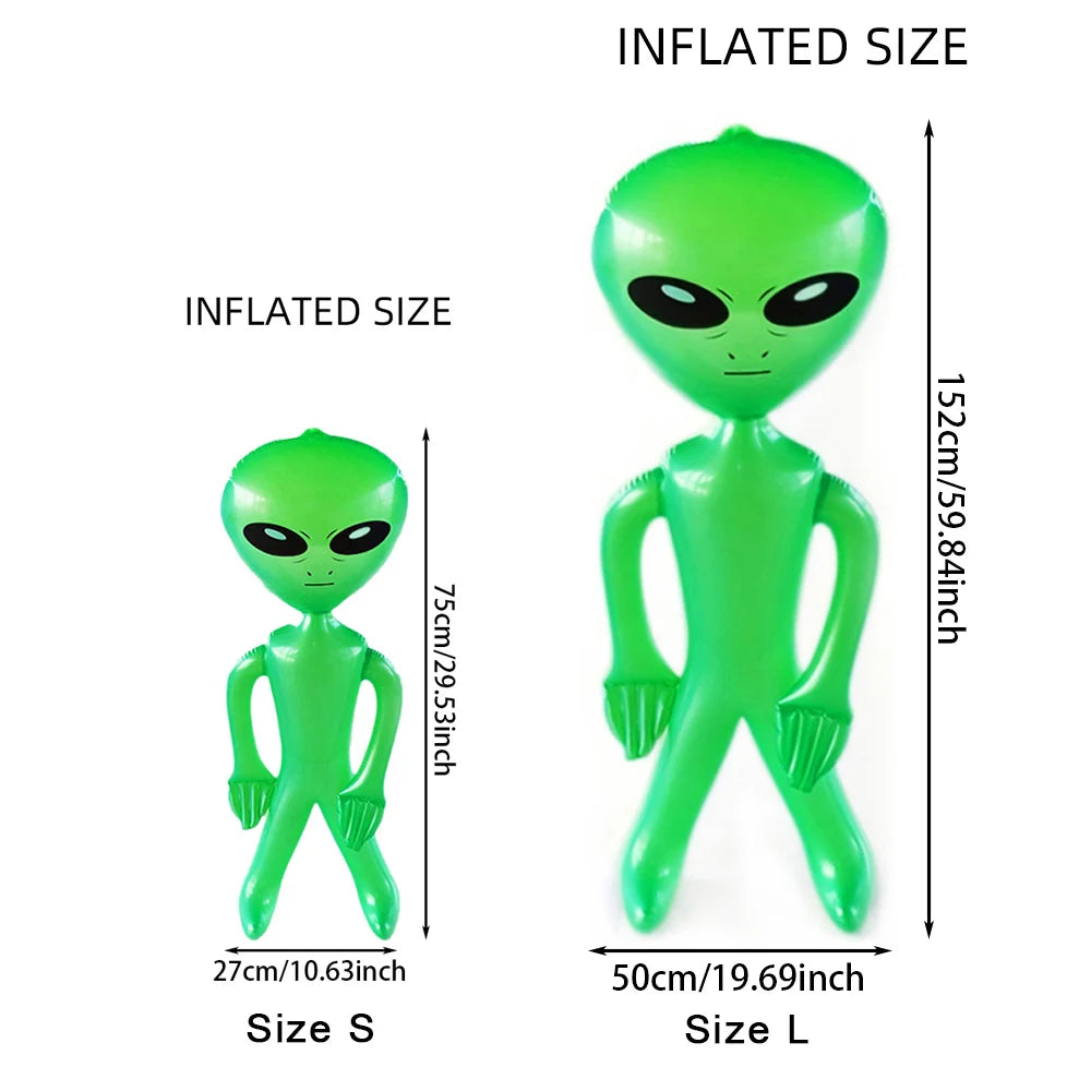 Green inflatable alien decoration shown in Size S and Size L, with dimensions provided.