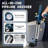 A blue and silver all-in-one pipeline dredger tool with a trigger and nozzle is shown next to various components.