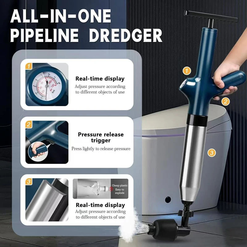 A blue and silver all-in-one pipeline dredger tool with a trigger and nozzle is shown next to various components.