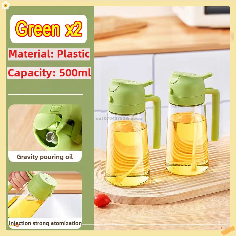 A green plastic oil spray bottle demonstrating gravity pouring and strong injection atomization.