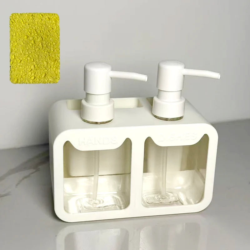 A white 3-in-1 kitchen soap dispenser set with three pump bottles and a yellow sponge visible on a light surface.
