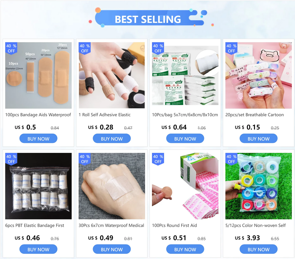 A collection of various first aid bandages including adhesive elastic, waterproof, and round types for minor cuts.