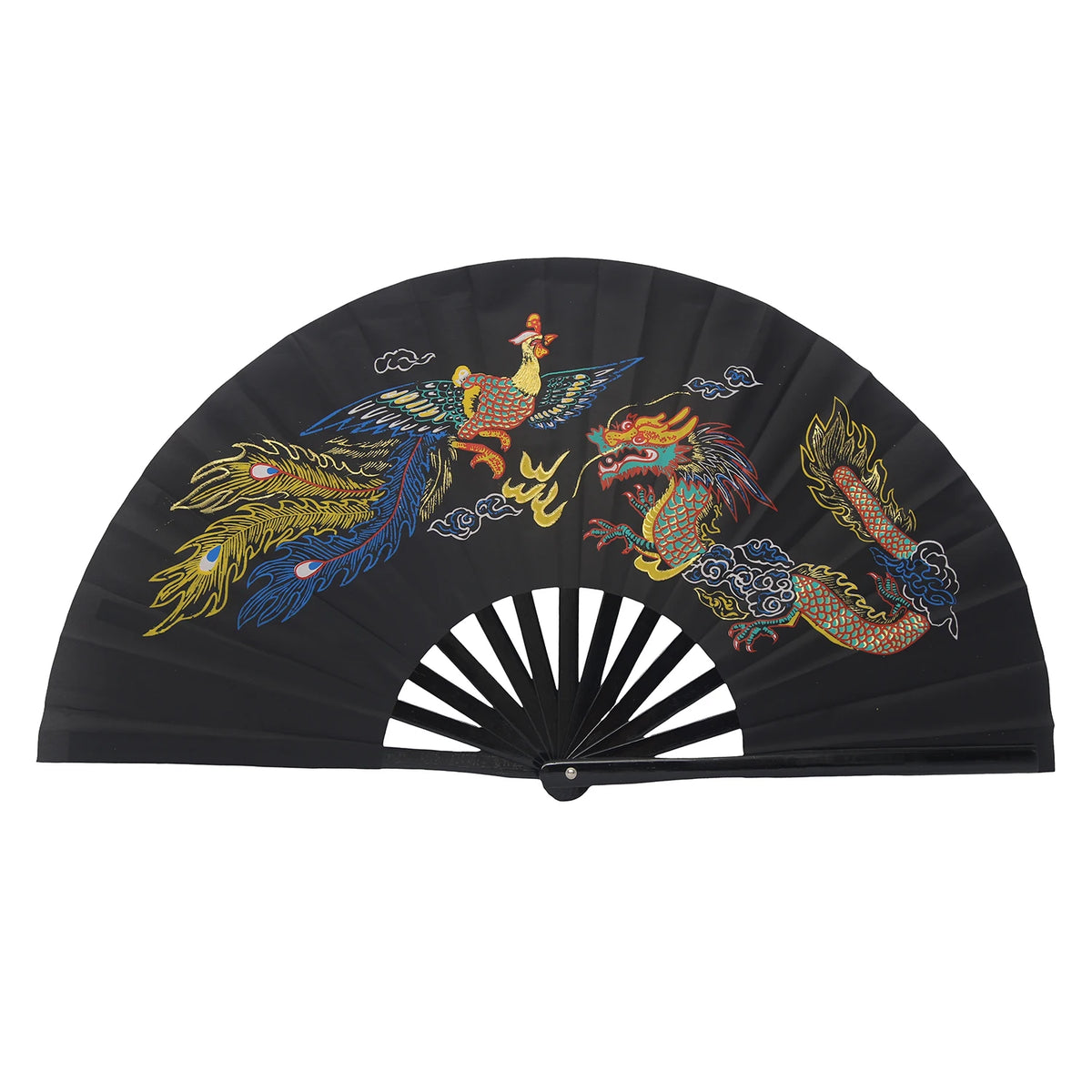 Ventilateur de bambou traditionnel noir décoré de dragons et de phénix colorés