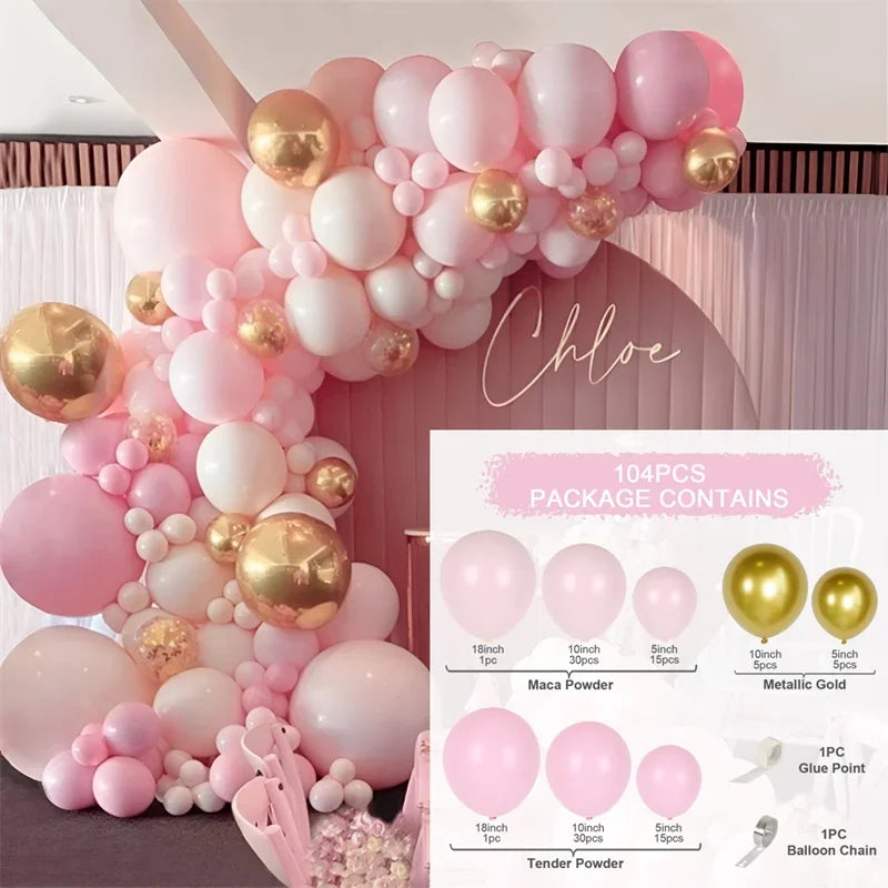 A pink and gold balloon garland kit featuring various sized balloons, powder, and a glue point.