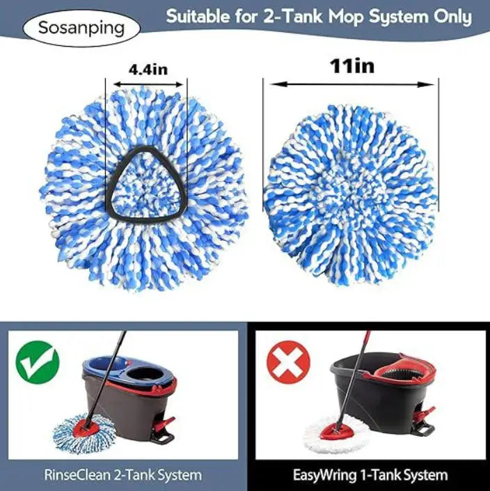 Replacement mop heads for a 2-tank spin mop system, showing both 4.4in and 11in options.