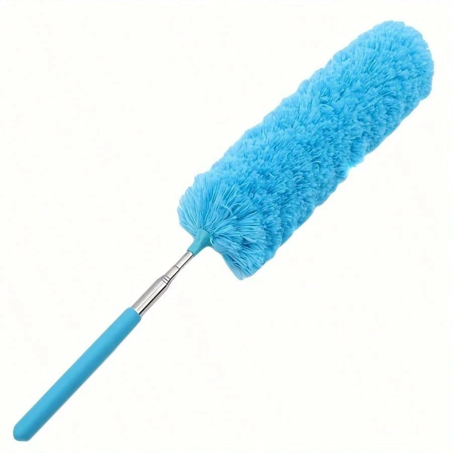 A bright blue flexible microfiber cleaning duster brush with a handle and fluffy bristles.