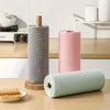 Two rolls of reusable microfiber cleaning cloths in gray and pink colors are displayed on a wooden surface.