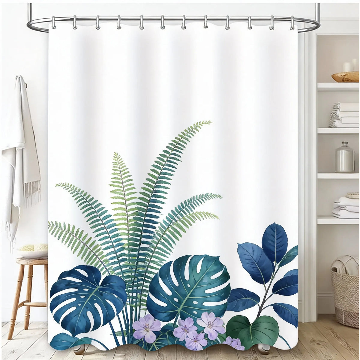 A white shower curtain featuring a tropical garden design with green and blue leaves and purple flowers.
