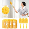 Una mujer usa un plumero de microfibra amarillo, con varios paquetes del plumero desechable visibles debajo.