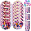 A set of pink and purple K-Pop themed birthday party decor plates and cups.