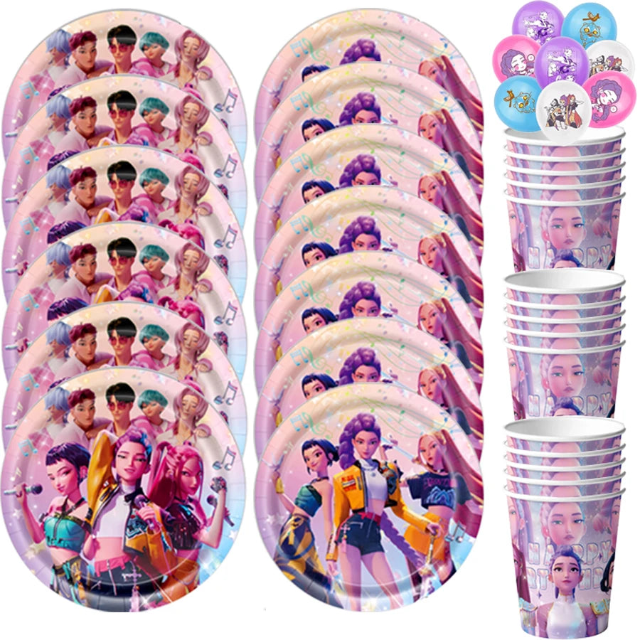 A set of pink and purple K-Pop themed birthday party decor plates and cups.