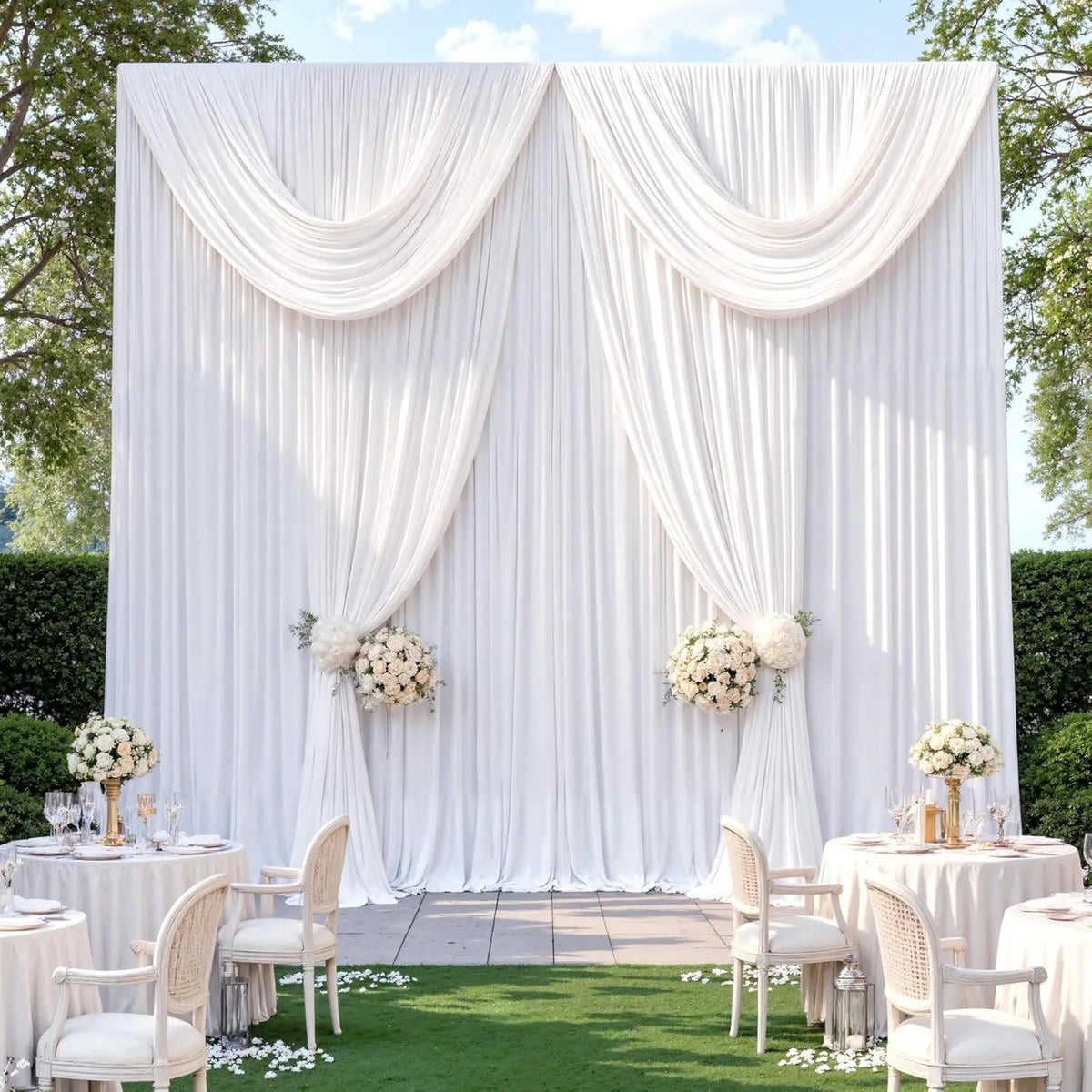 Fondo de tela blanca con cortinas drapeadas y arreglos florales para un evento.
