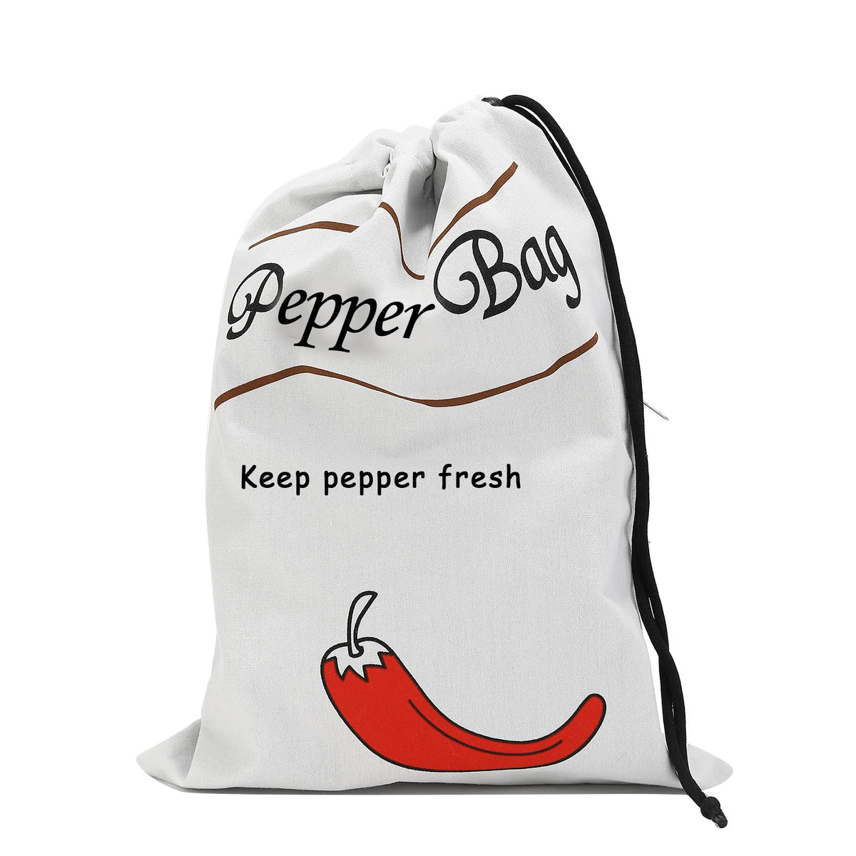 A white reusable drawstring storage bag with black trim featuring text that reads Pepper Bag and Keep pepper fresh, with a re