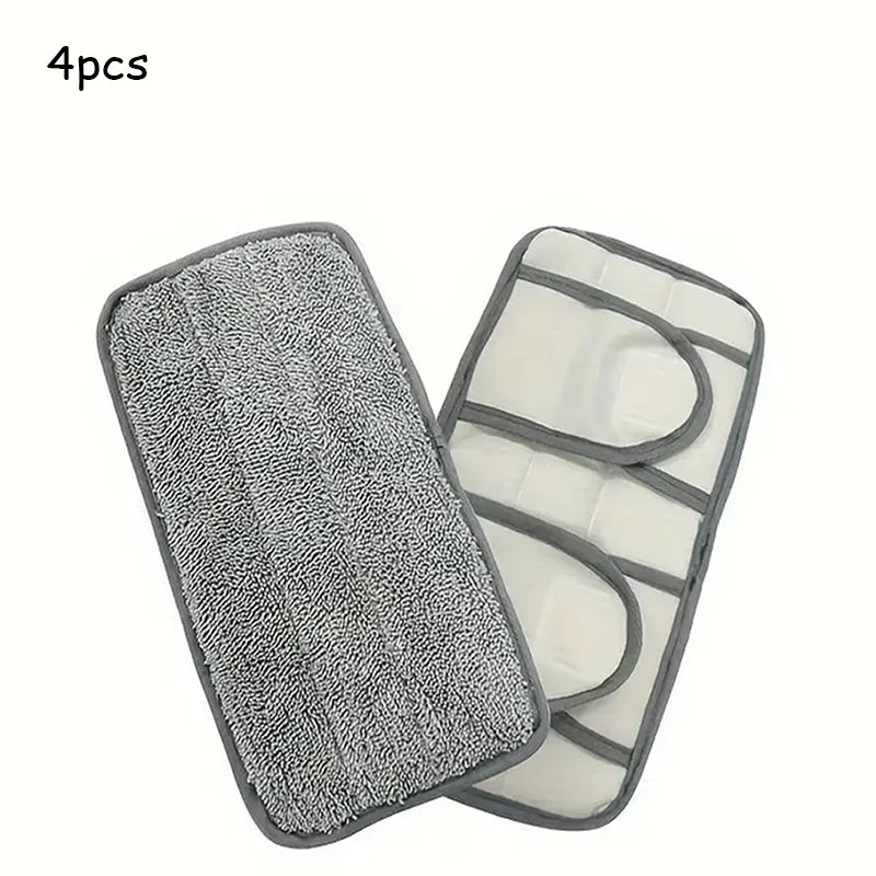 Four reusable microfiber mop pads with gray and white accents for floor cleaning.