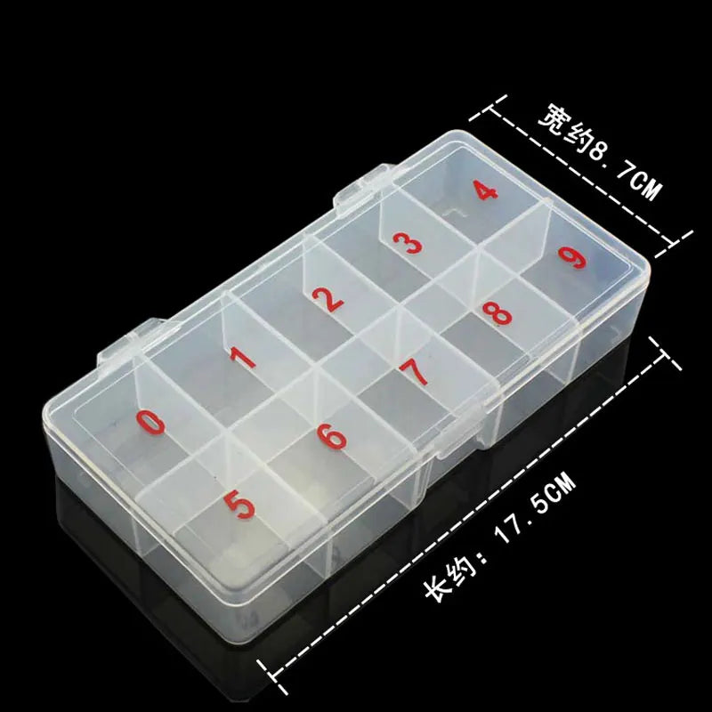 A transparent plastic organizer box with numbered compartments for nail art storage.